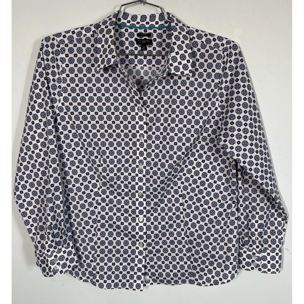 Talbots Non Iron Perfect Shirt Long Sleeve Button Up Geometric Print Size‎ 14P